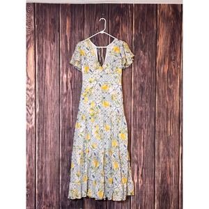Better Together Maxi Dress Womens Large Lemon Tile Print Flutter Sleeve Smocked